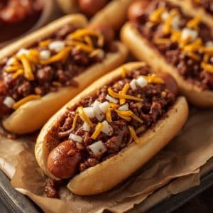 Homemade hot dog chili simmering in a saucepan with a wooden spoon