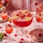 Multiple glasses of bubbly pink and red punch with fresh fruit garnishes and decorative straws.