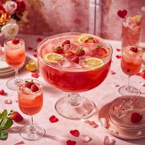 Multiple glasses of bubbly pink and red punch with fresh fruit garnishes and decorative straws.