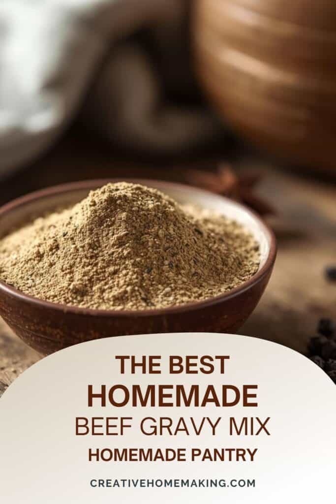 A jar of dry beef gravy mix sitting on a shelf next to other staples like flour and sugar in a well-organized pantry.