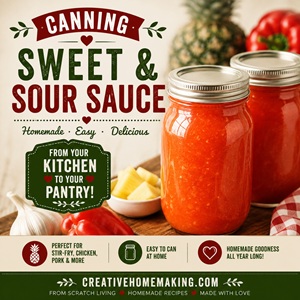 Learn how to make and preserve homemade sweet and sour sauce with this easy canning recipe. It's perfect for stir-fries, chicken, pork, meatballs, and dipping sauces. A delicious addition to your pantry for anyone who enjoys from scratch living, canning, and canning tomatoes into flavorful homemade sauces.