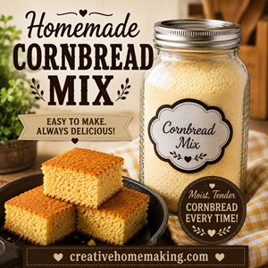 Keep a jar of homemade cornbread mix on hand for quick family meals. It's an easy pantry staple that's perfect for DIY pantry projects, from scratch living, and anyone who loves simple homemade living.