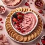 A white bowl filled with creamy pink strawberry cheesecake dip topped with fresh diced strawberries and served with graham crackers.