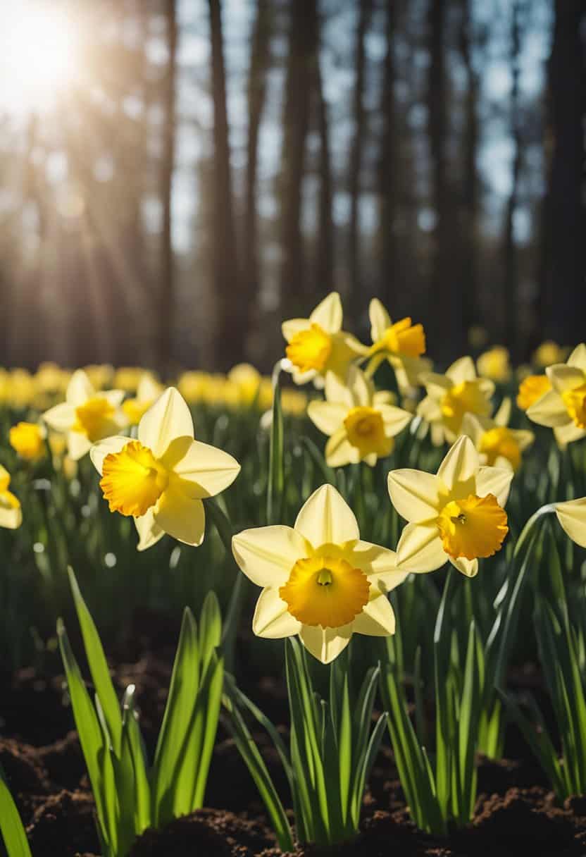 Bright yellow daffodils bursting from pots. Green leaves reaching towards the sun. Soil rich and dark