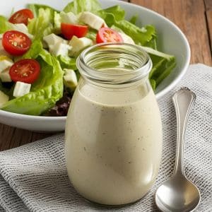 Easy Italian dressing in a small bowl with a whisk and fresh herbs on the side.