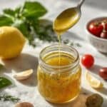 Homemade creamy Italian salad dressing in a jar with herbs