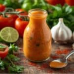 A close-up of a whisk stirring together Greek yogurt, lime juice, and southwestern spices in a small bowl to make a fresh dressing.