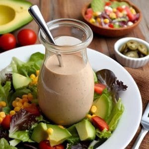 Zesty Southwestern salad dressing in a jar with fresh ingredients around it.