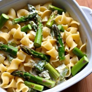 Delicious easy asparagus casserole topped with cheese and breadcrumbs.