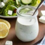 Creamy feta salad dressing in a glass jar