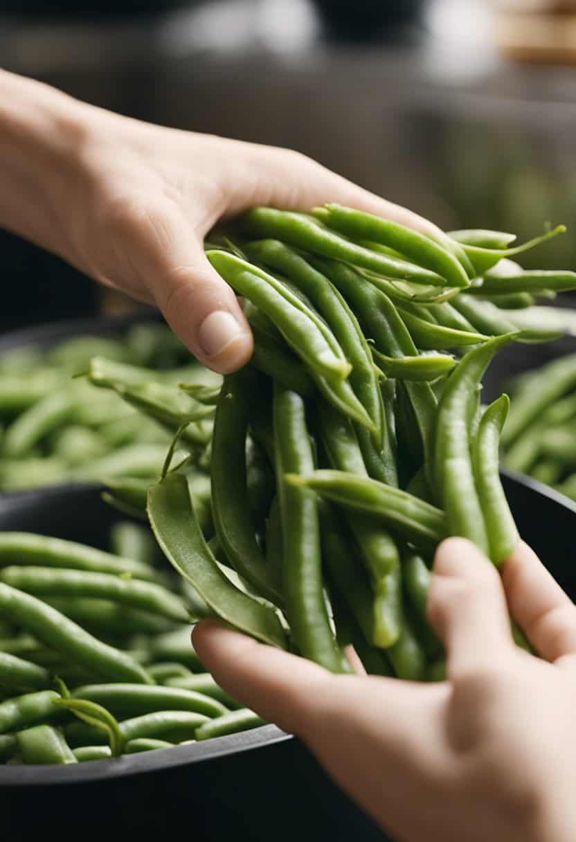 Green beans are being washed and trimmed. They are then seasoned and placed in the air fryer to cook until crispy and golden brown