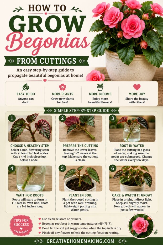Learn how to grow beautiful begonias from cuttings with this easy step-by-step propagation guide. Discover the best way to root healthy cuttings and enjoy more blooms for free. Perfect for cottage garden flowers, shade gardens, container gardening, and home gardeners.