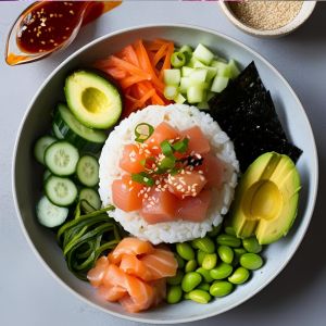 Healthy poke bowl featuring diced tuna, avocado slices, edamame, and seaweed salad