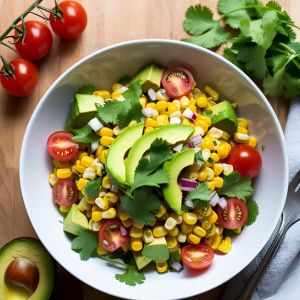 Fresh corn and avocado salad with cherry tomatoes and cilantro in a bowl