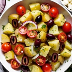 Bowl of Mediterranean potato salad with olives, herbs, and lemon dressing