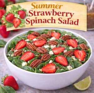 This summer strawberry spinach salad is fresh, colorful, and full of flavor with juicy strawberries, spinach, pecans, and feta. A perfect easy salad recipe for warm weather lunches, cookouts, and dinners.