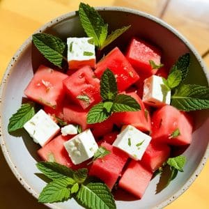Fresh watermelon feta salad with mint served in a white bowl on a wooden surface