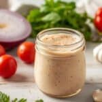 A hand whisking together mayonnaise, chili sauce, and spices in a small glass bowl.
