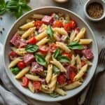 Make-ahead antipasto pasta salad with cherry tomatoes and fresh herbs