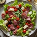 Colorful antipasto salad with fresh greens, cherry tomatoes, olives, and Italian meats in a bowl