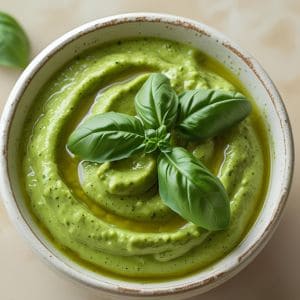 Creamy avocado pesto dip served with sliced veggies and crackers