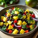 Colorful mango and black bean salad with red bell pepper and cilantro in a bowl