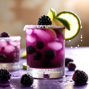 Blackberry margarita served in a glass with blackberries and lime garnish on a rustic table