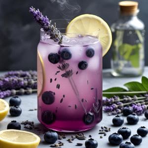 Glass of blueberry lavender lemonade with fresh blueberries and lavender sprigs