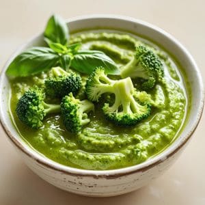 Close-up of creamy broccoli pesto with pine nuts and grated Parmesan