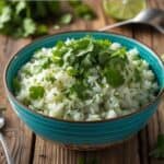 Bowl of vibrant green Instant Pot cilantro lime rice topped with chopped cilantro
