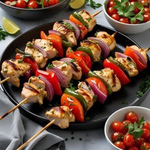 Skewers of lemon and oregano marinated Greek chicken kabobs on the grill