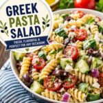 This fresh and flavorful Greek pasta salad is loaded with cucumbers, tomatoes, olives, feta cheese, and tender pasta tossed in a zesty dressing. Perfect for Memorial Day, Fourth of July cookouts, Labor Day BBQ’s, summer picnics, and potluck dinners.