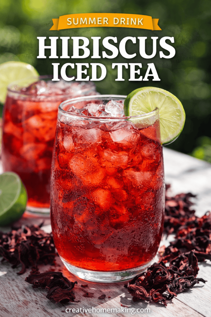 Glass of bright red hibiscus iced tea with lime slices served over ice.