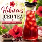 This hibiscus iced tea is fruity, tart, and one of the prettiest summer drinks for brunches, baby showers, bridal showers, Memorial Day, Fourth of July, and Labor Day parties. A refreshing caffeine-free iced tea recipe everyone will love.