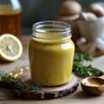 A jar of creamy honey mustard salad dressing with fresh herbs and a wooden spoon