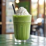 Close-up of creamy iced matcha latte with frothy top and green tea powder