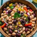 Colorful Mediterranean Bean Salad with chickpeas, tomatoes, cucumbers, olives, and feta cheese