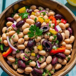 Colorful Mediterranean Bean Salad with chickpeas, tomatoes, cucumbers, olives, and feta cheese