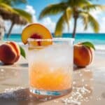 Glass of peach margarita garnished with lime and peach slice on a sunny summer table