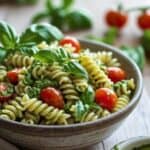 Healthy pesto pasta salad with fresh basil and mozzarella