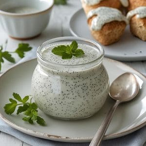 A jar of creamy homemade poppy seed salad dressing with fresh salad greens