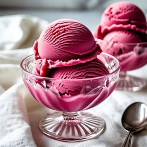 Close-up of creamy raspberry sorbet served in a glass cup