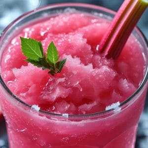 Homemade rhubarb slush served in a mason jar with fresh rhubarb stalks on the side