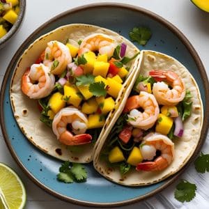 Shrimp tacos topped with vibrant mango salsa and fresh cilantro on a rustic plate