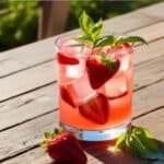 Close-up of strawberry basil lemonade with fresh fruit and basil on a wooden table