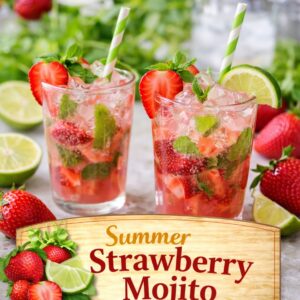 Cool off with this refreshing summer strawberry mojito recipe made with juicy strawberries, lime, mint, and bubbly soda. The perfect fruity cocktail for patios, cookouts, and warm summer evenings.