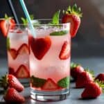 Glass of strawberry mojito with fresh mint and lime on a sunny summer day