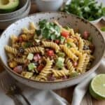 Bowl of taco pasta salad with black beans, corn, tomatoes, cheese, and ranch dressing