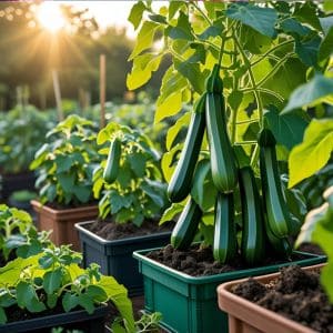 Close-up of vibrant zucchini fruits hanging from a container plant