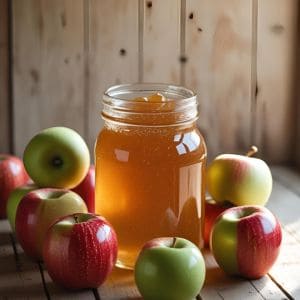 Fresh apples and a pot of boiling apple jelly being prepared for canning